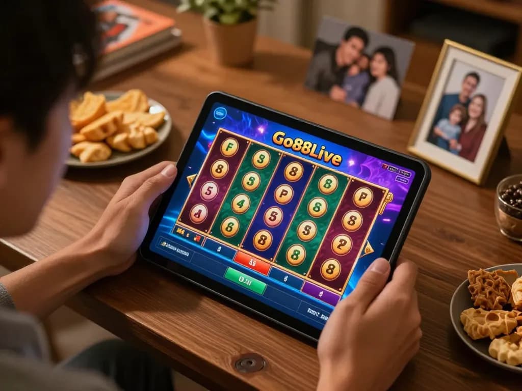 Engaged player enjoying Go88Live slot game on tablet in a cozy home setup