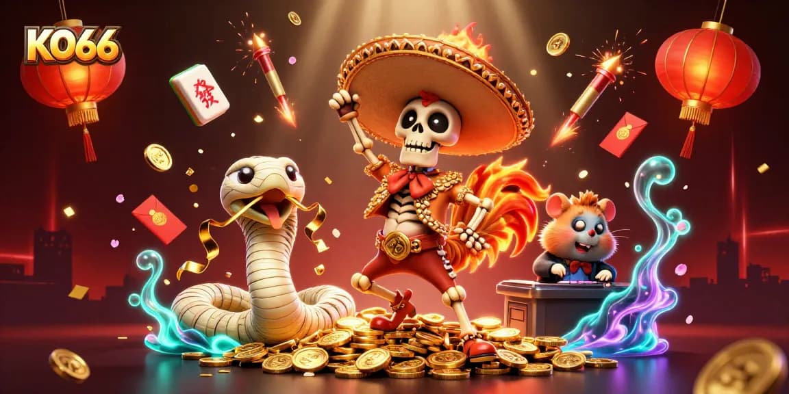 Win big with KO66 in this vibrant casino-themed scene featuring lively characters and stunning visual elements.