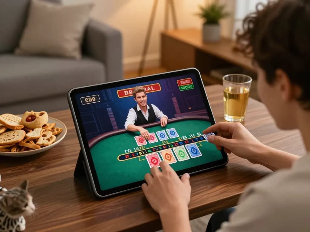 Player enjoying tic88 casino live dealer game on tablet in cozy home setting.