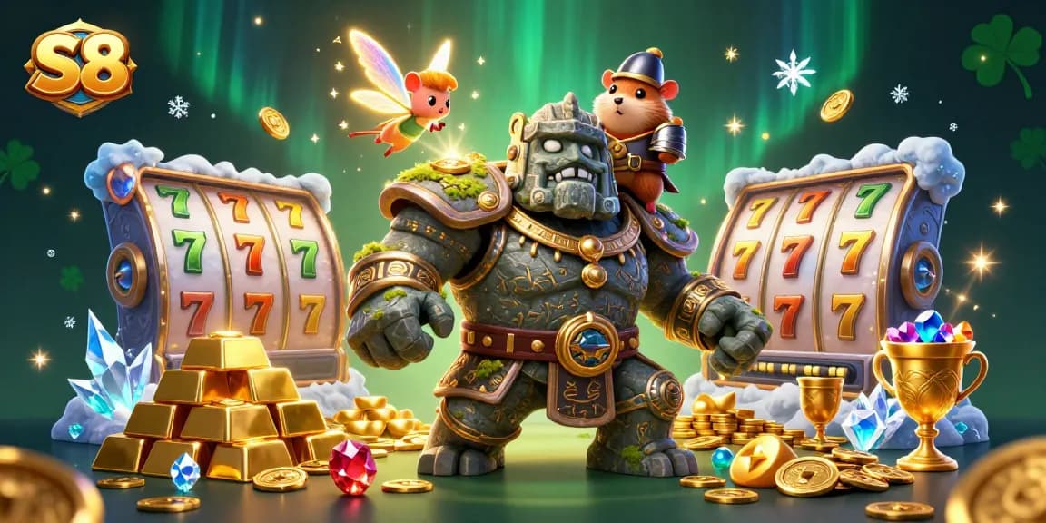 Spin the reels at S8's vibrant casino, featuring a golem guardian, fairy magic, and sparkling treasures!
