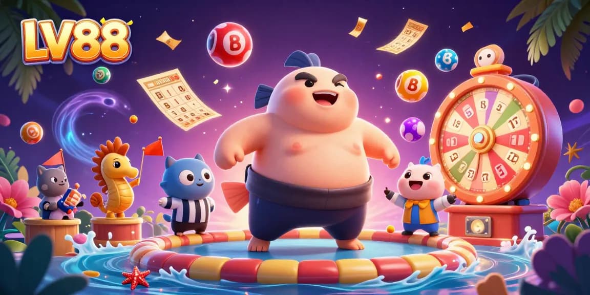 Experience vibrant casino action with LV88's animated underwater scene featuring colorful lottery balls and engaging characters.
