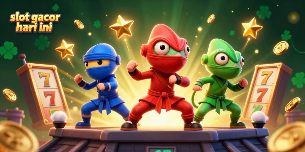 Win big with slot gacor hari ini in an exciting 3D illustration featuring ninjas and slot elements.