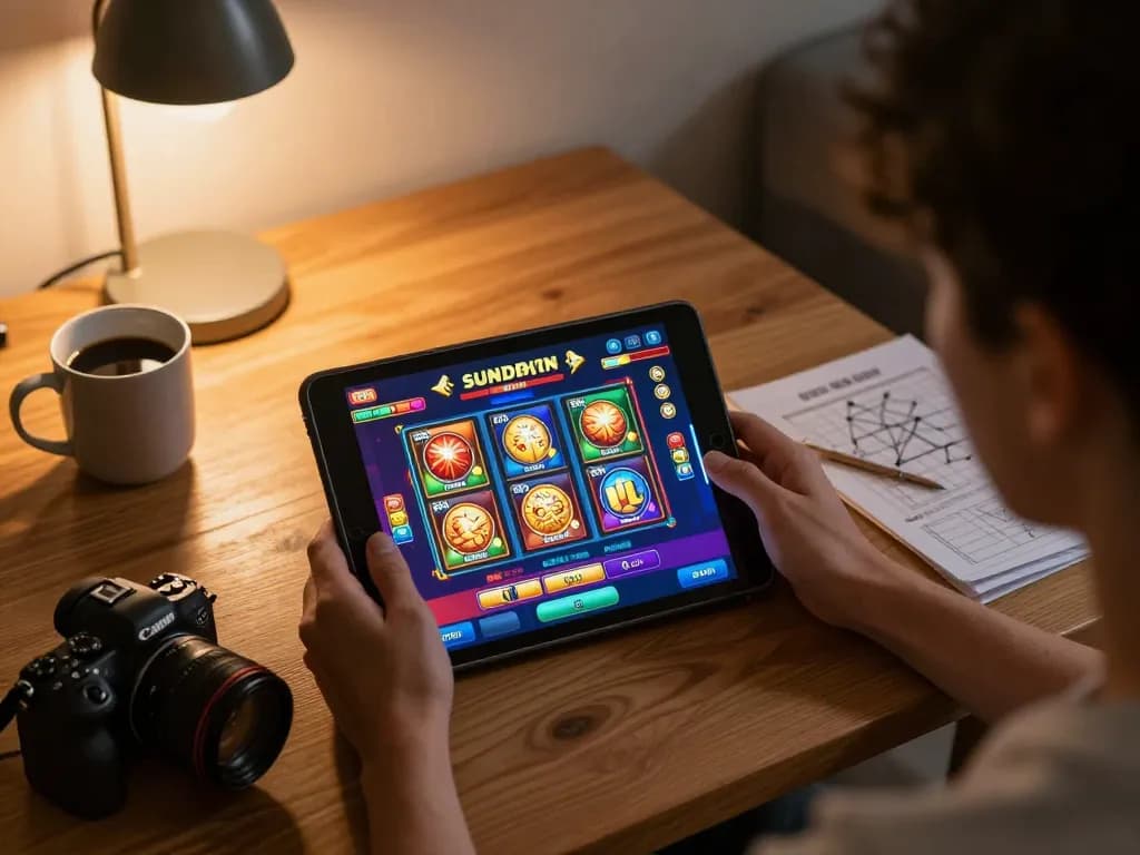 Engage in thrilling slots action on Sunwin while relaxing at home, capturing mobile gaming excitement.