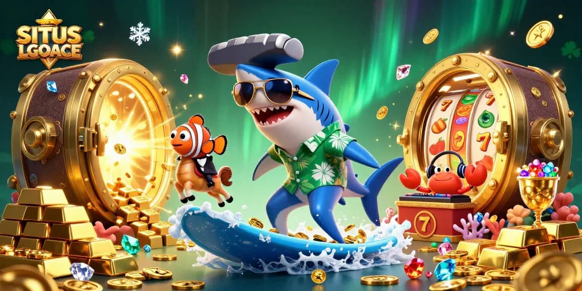 SITUS LGOACE enhances the casino scene with lively 3D characters surfacing on gold coins and slot reels.