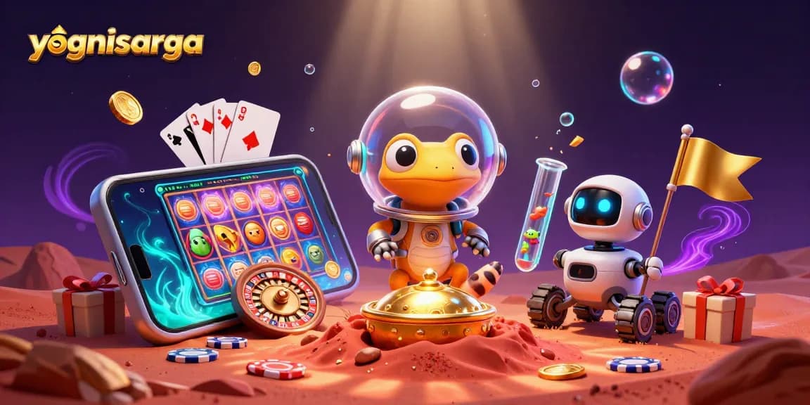 yognisarga casino scene with Martian gecko, winning slot games, and vibrant energy effects