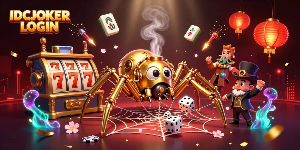 Discover the thrill at IDCJOKER LOGIN with vibrant slot machines and a steampunk spider!