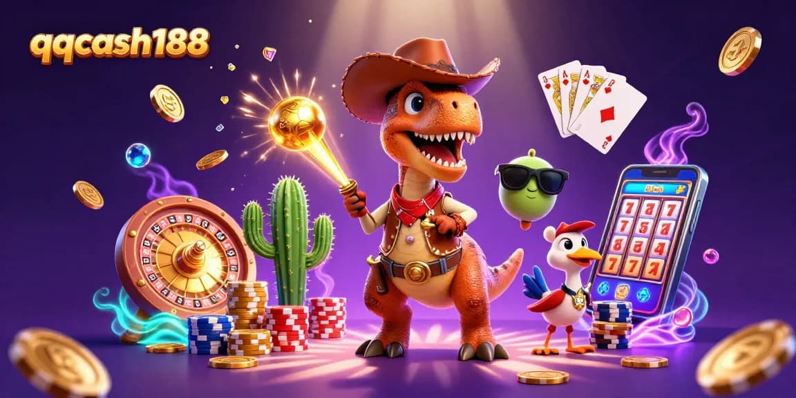 Experience thrilling slots with qqcash188 as a vibrant T-Rex cowboy leads the way in gambling fun!