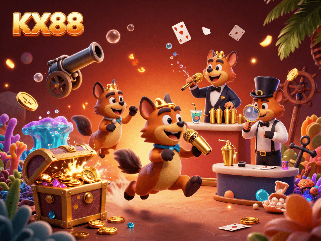 KX88 invites players to enjoy a vibrant casino scene with animated hyenas amidst overflowing treasures and casino elements.