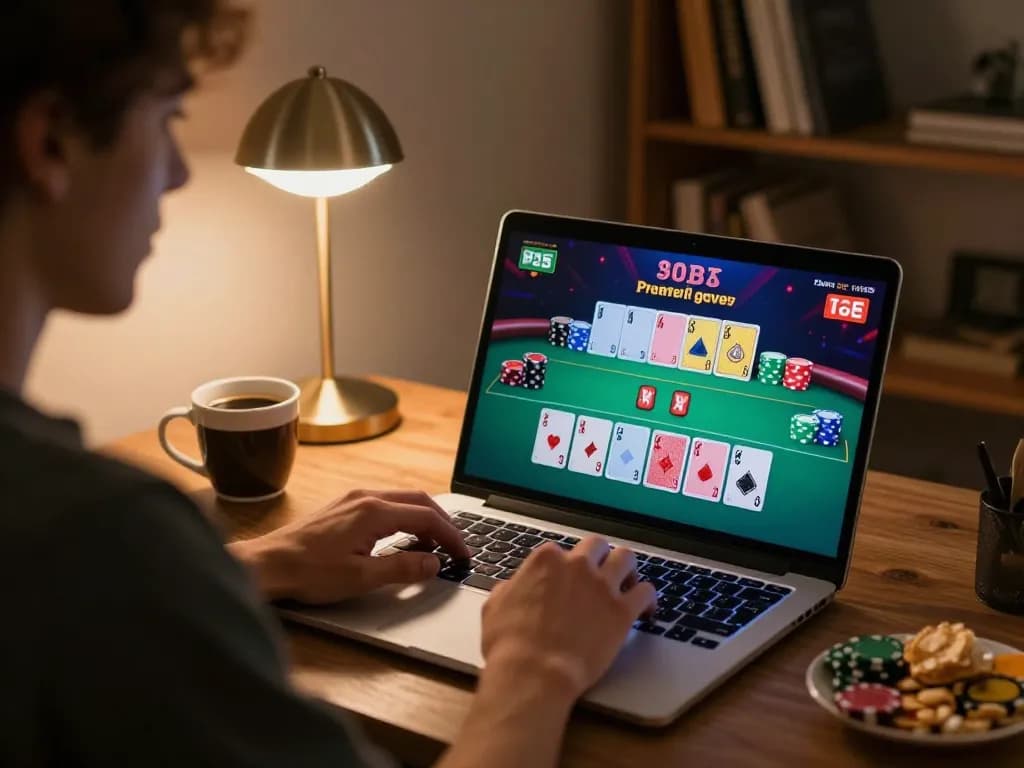 Player engaging in poker at home, emphasizing strategic online gameplay with CM88.