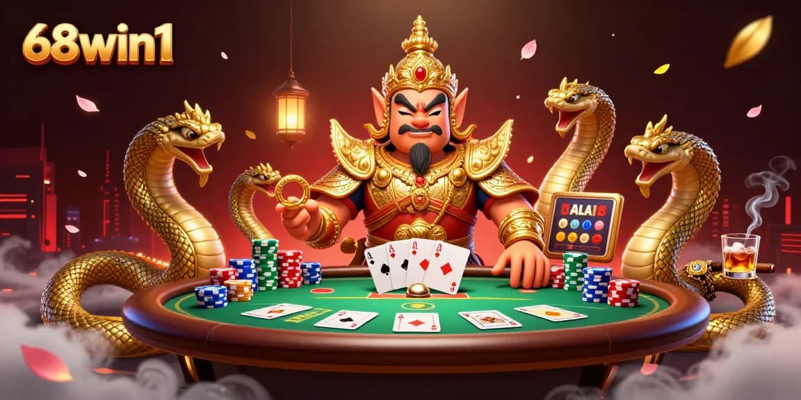 Experience the thrilling action of 68win1 with vibrant poker elements and iconic Thai guardian ambiance.