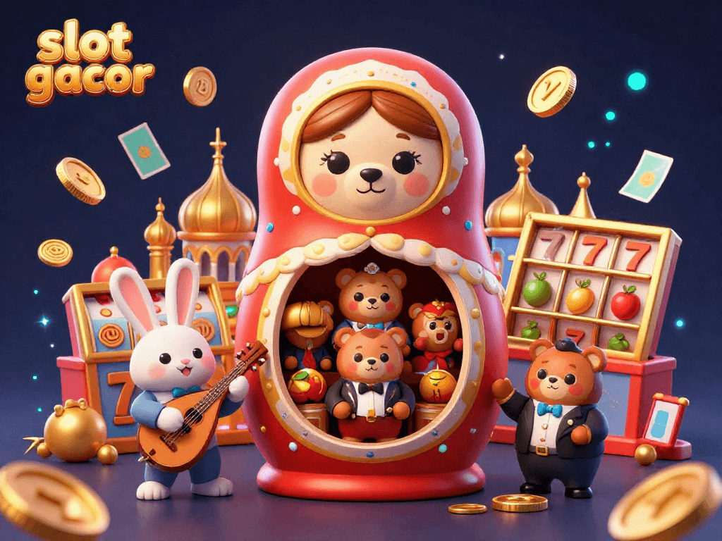 Experience the thrill of slot gacor with a dynamic 3D illustration featuring casino bears and magical elements.