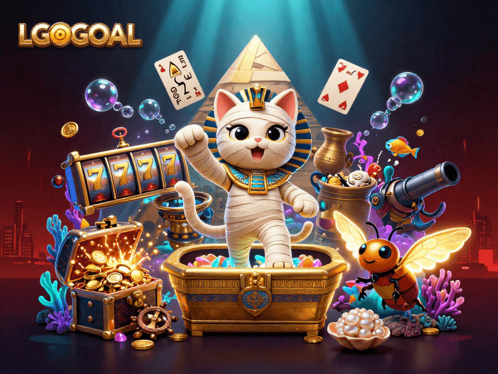 Experience immersive gameplay at LGOGOAL's pyramid casino with vibrant illustrations of a mummy cat and rewards.