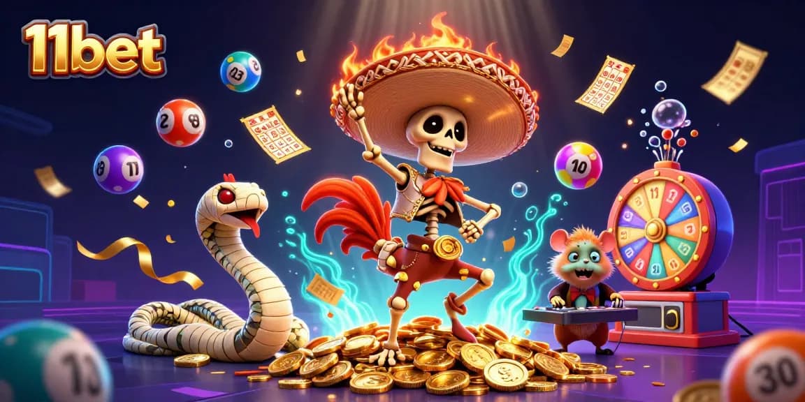 Experience the excitement of 11bet with dynamic lottery elements and vibrant casino characters.