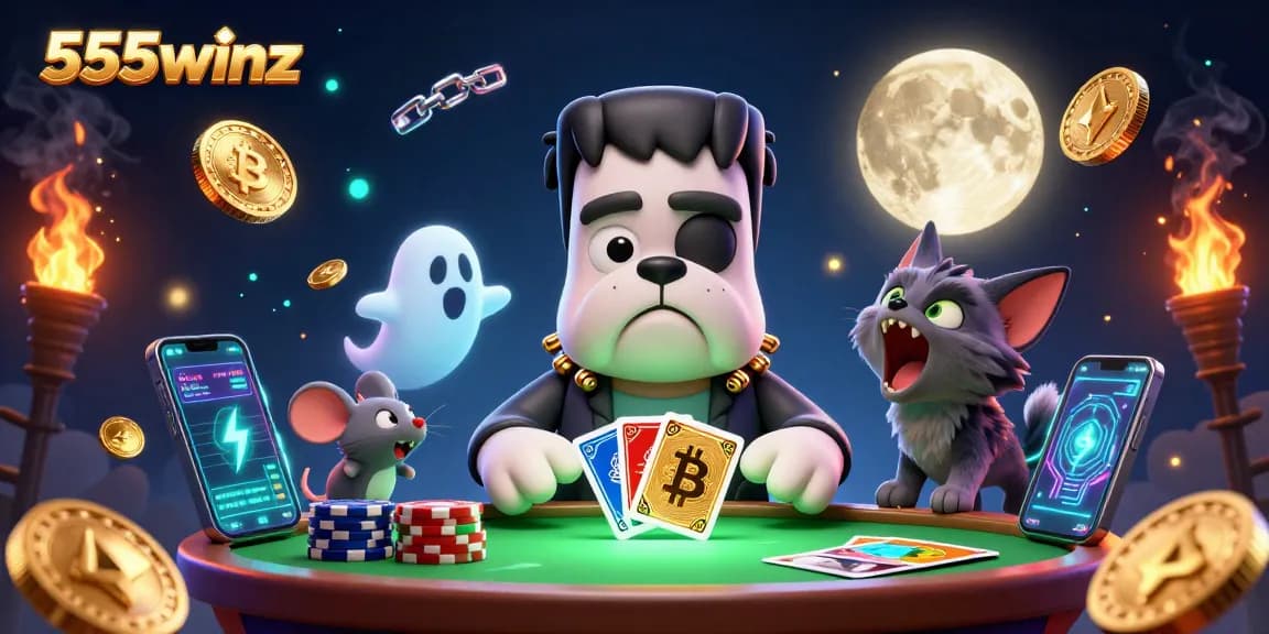 Engage with 555winz as a Frankenstein bulldog deals cards amidst a spooky casino scene filled with crypto elements.