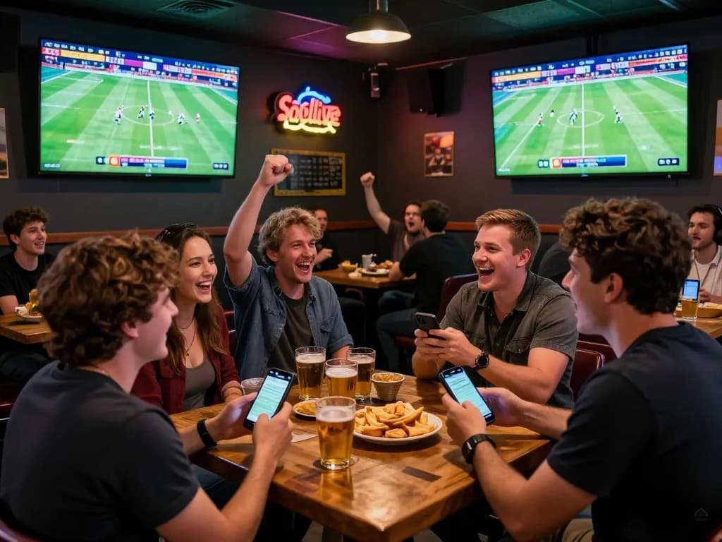 Socolive viewers placing bets on football matches in an exciting sports bar atmosphere