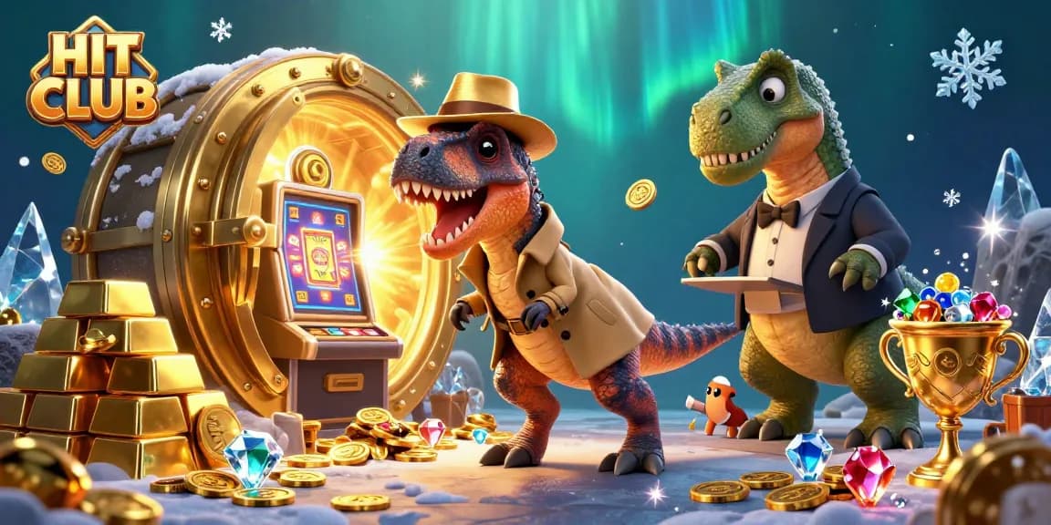 Experience slot gaming thrills at HIT CLUB, featuring cartoon characters among shining treasures and gold.