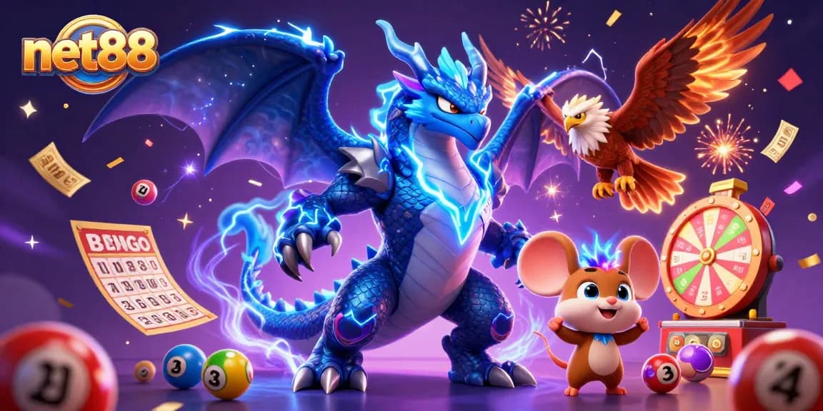 Experience the excitement of net88 with vibrant lottery elements and dynamic characters in a dazzling casino scene