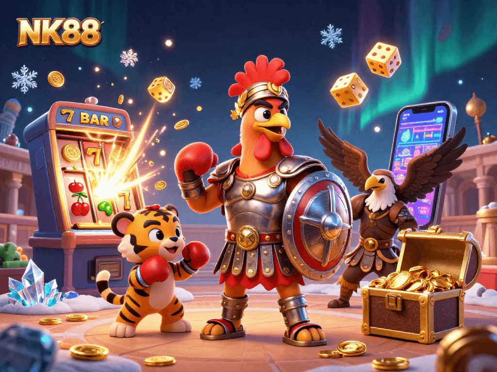 Experience the thrilling world of NK88 through an exciting 3D casino scene with dynamic game elements.