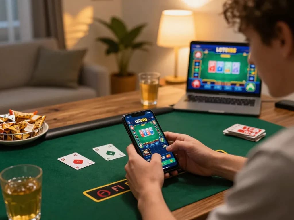 LOT188 player engaging with casino app on mobile device, showcasing a vibrant gambling setup at home.