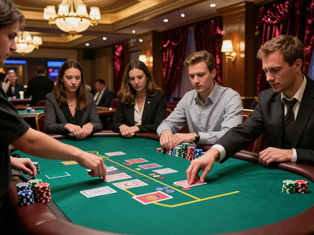 Players engaging in a strategic game of blackjack at 88bet casino, showcasing chips and dealer actions.