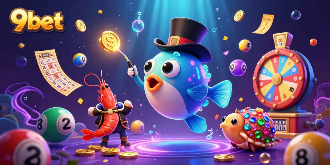 Engage with 9bet's thrilling underwater adventure featuring treasure-hunting sea creatures in a vibrant casino-themed illustration.