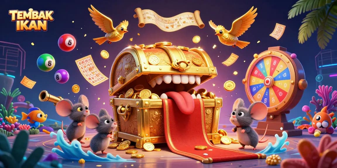 Experience the excitement of TEMBAK IKAN with vibrant underwater scenes and treasure chests full of riches.