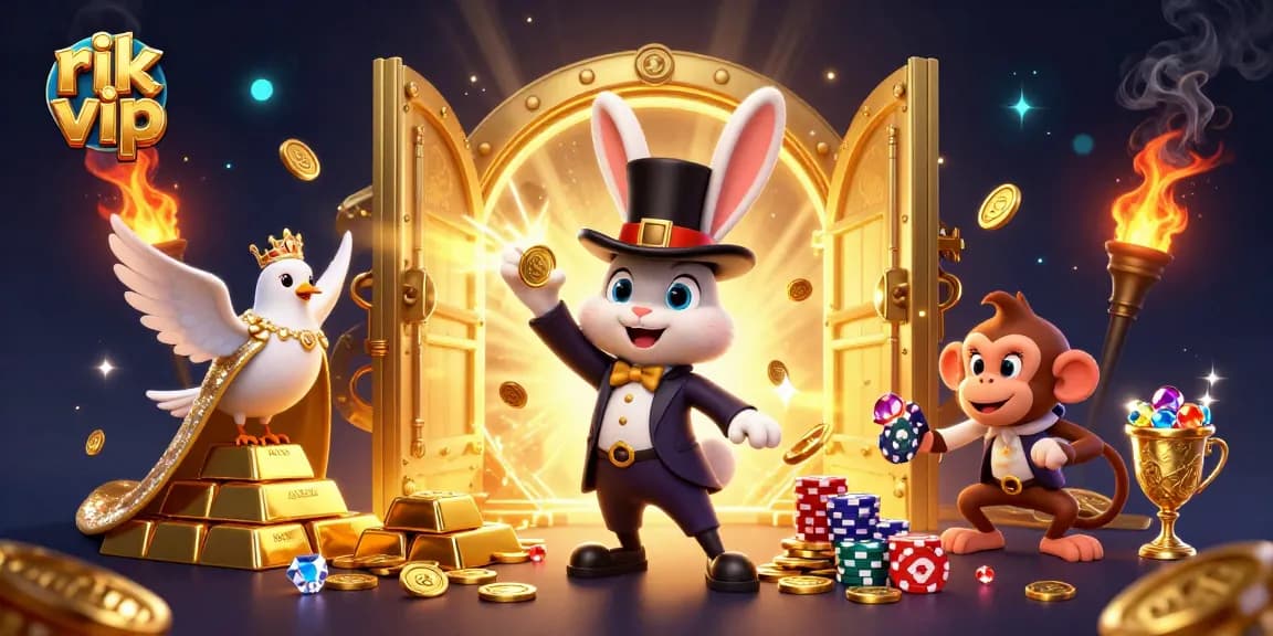 Experience the thrill of rik vip gaming as the magician rabbit unveils golden treasures amidst a vibrant, dynamic casino backdrop.