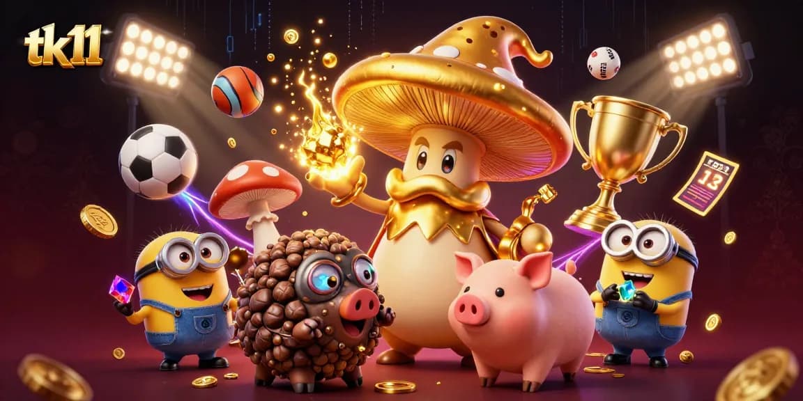 Experience tk11's magical gaming world with a golden mushroom wizard, sports elements, and vibrant casino excitement.