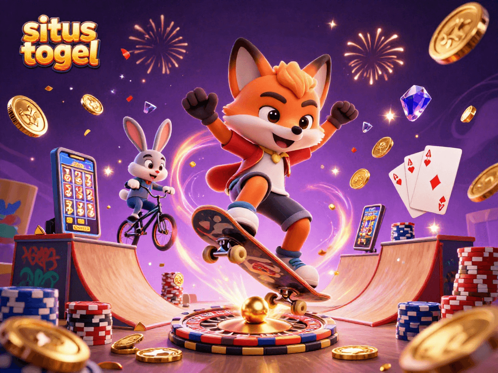 Experience situs togel thrills with a vibrant 3D scene featuring animated characters and casino elements.