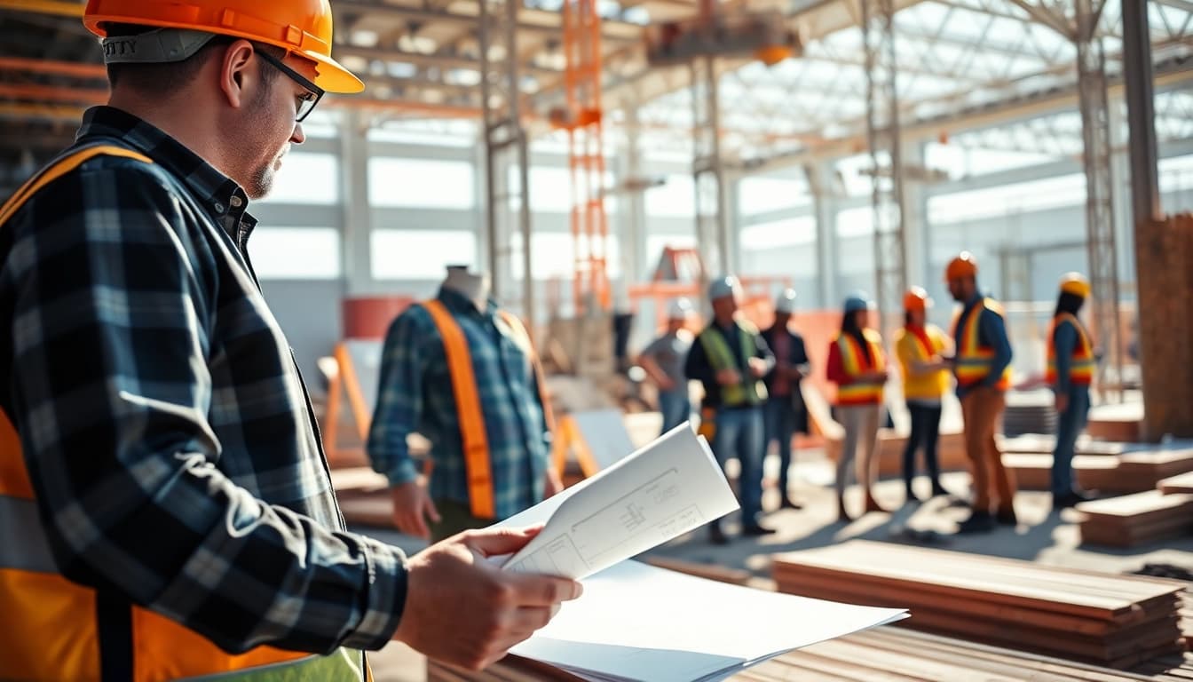 New Jersey Commercial General Contractor overseeing a busy construction site with teamwork and equipment.
