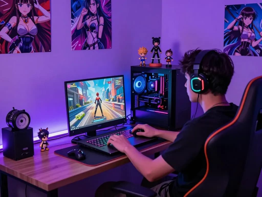 Player enjoying a thrilling hentai game on a laptop surrounded by anime collectibles and RGB lighting.