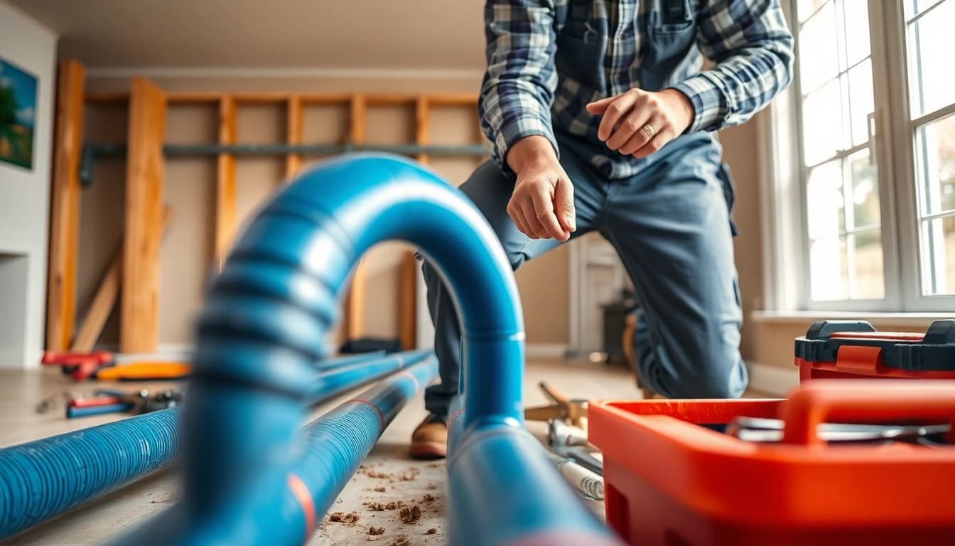 Experienced plumber providing whole house repiping services Tampa in a bright residential setting with tools.
