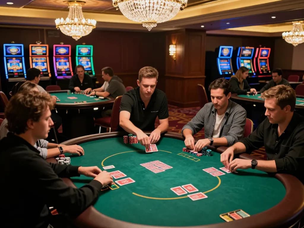 Compelling view of iwinnet poker tournament showcasing intense players and elegant casino decor.