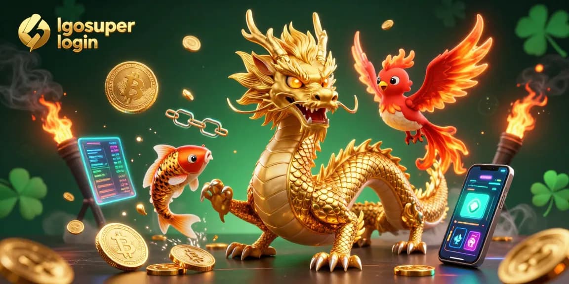 Engage with the exciting lgosuper login scene featuring a dragon and phoenix amidst golden coins and crypto elements.