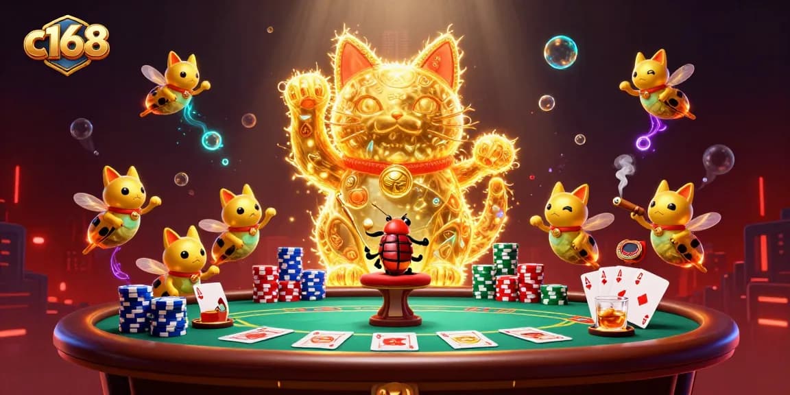 Experience the excitement of c168 with a vibrant 3D lucky cat and casino symbols in a lively scene.