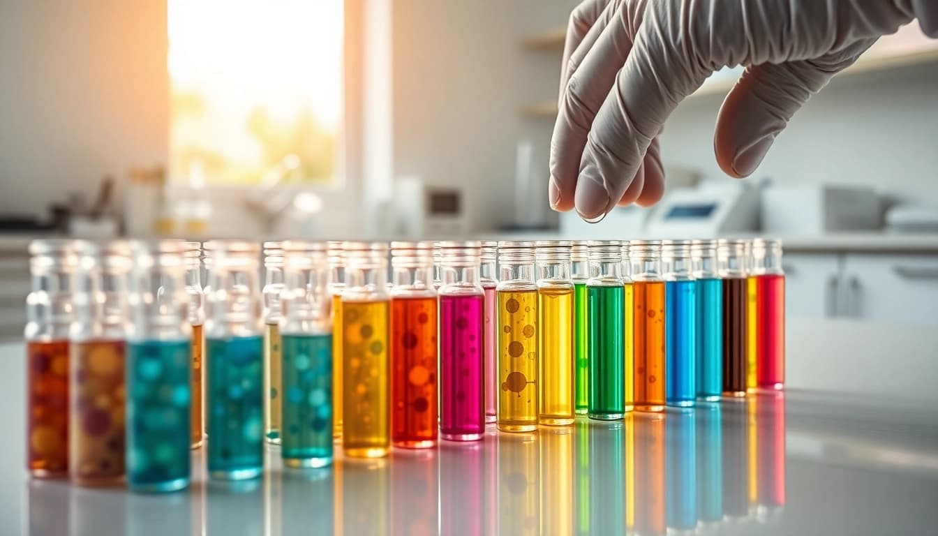 Laboratory scene displaying vibrant peptides in glass vials, illustrating their various properties and uses.
