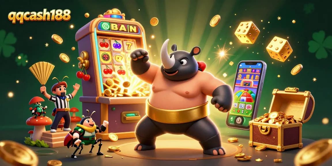 Experience the excitement of qqcash188 with a vibrant casino-themed 3D scene featuring a sumo beetle champion.