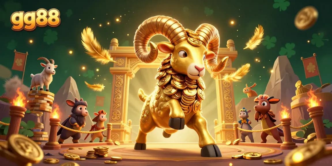 Experience thrilling moments with gg88 in this vibrant 3D illustration of a majestic golden ram charging at a temple gate.