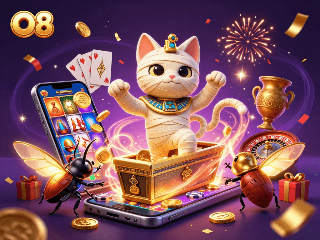 Spin slots and win at O8 with the Egyptian mummy cat and glowing scarab beetle in a vibrant casino scene.