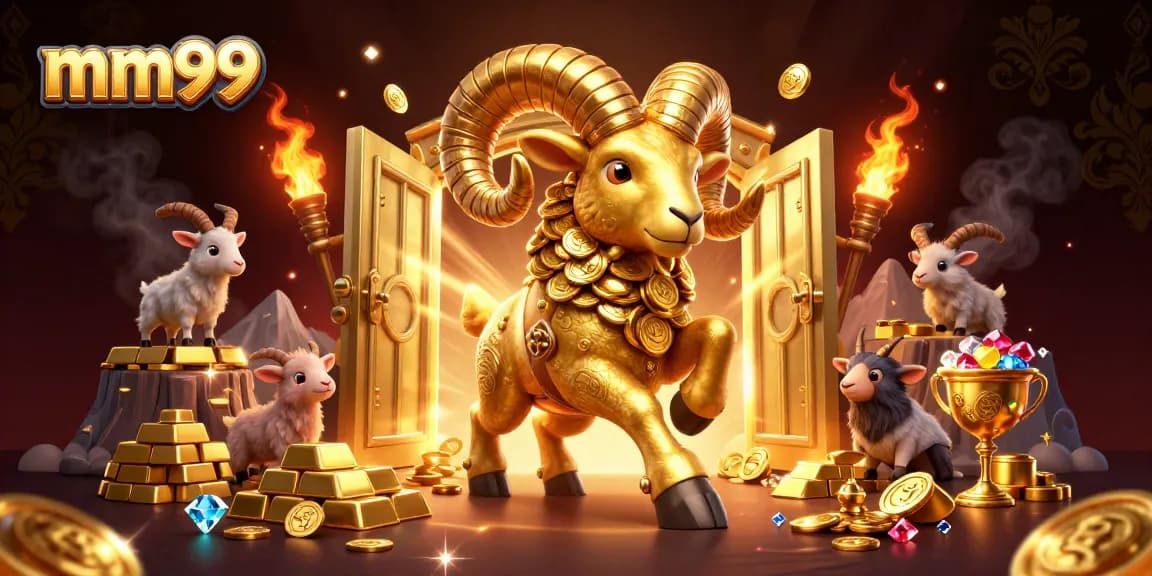 Experience thrilling wins with mm99's golden ram in a vibrant casino setting.
