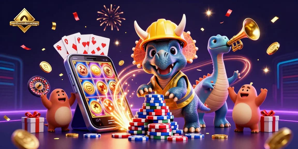 bambumodernasian showcases a lively 3D casino scene with a triceratops and celebrations.