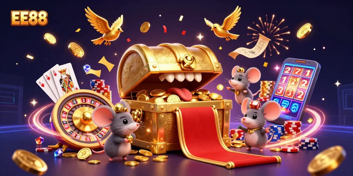 Engage in thrilling gaming adventures with EE88's vibrant 3D casino illustration showcasing wealth and excitement.