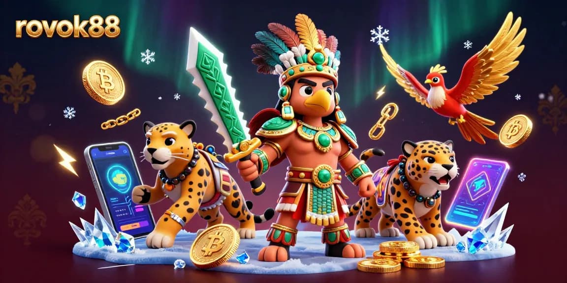 Experience the excitement of rokok88 with vibrant 3D characters and glowing cryptocurrencies in a rich casino scene.