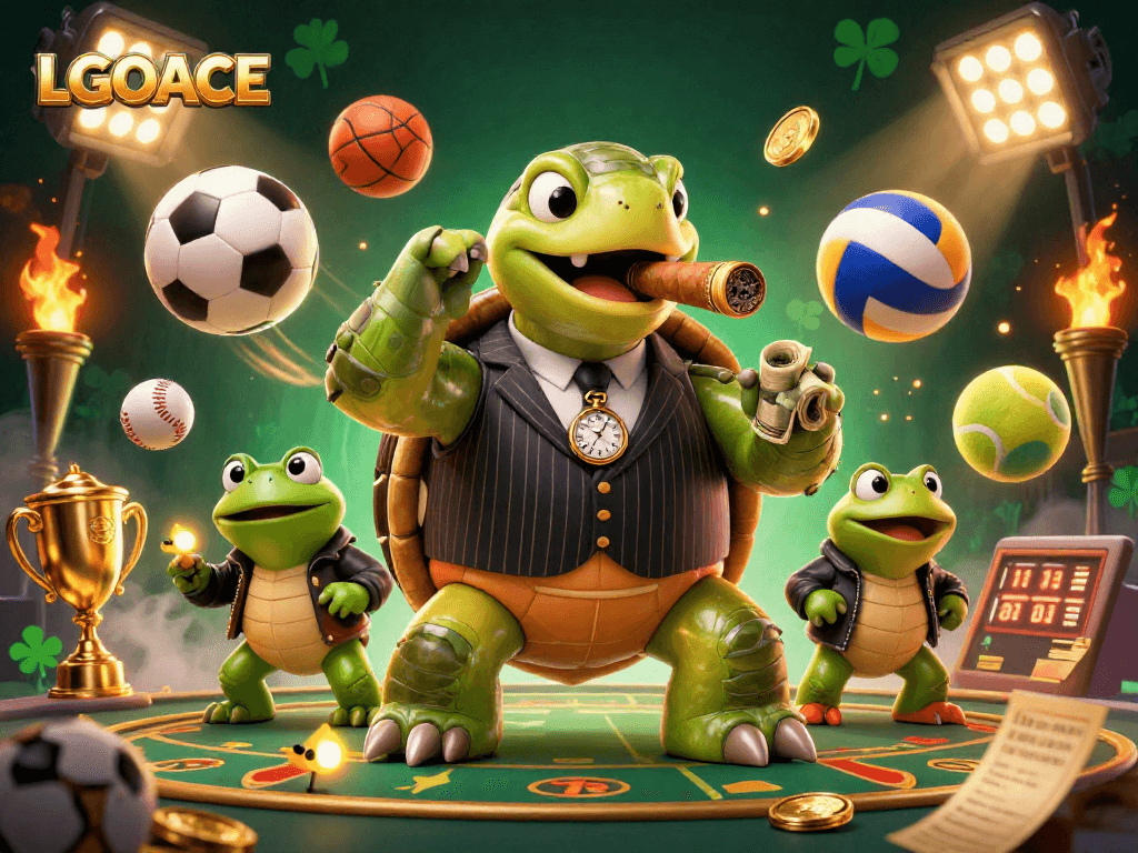 LGOACE highlights thrilling sports betting with a lively scene of cartoon characters and gold elements.