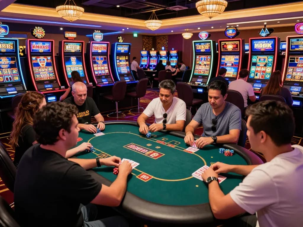 Engaged players enjoying the TT88 game in a lively casino atmosphere, showcasing intense gameplay and vibrant decorations.