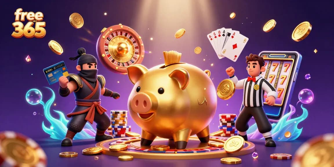 Experience excitement with free credit 365 as a golden piggy bank sumo wrestler interacts in a vibrant casino scene.