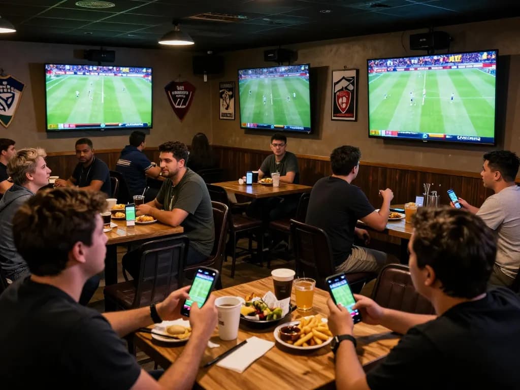 Socolive streaming excitement as fans cheer during a live football match at a packed sports bar.