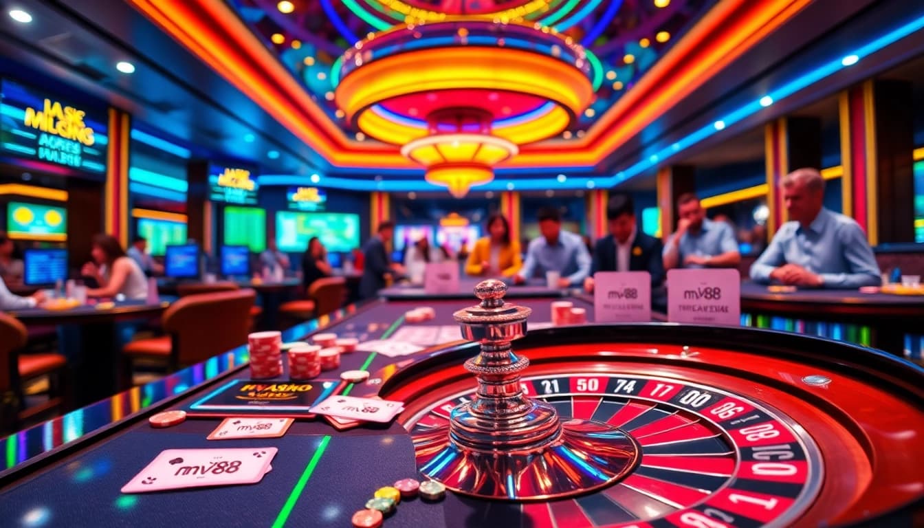 Engaged gamblers at a luxurious table showcasing mv88 betting slips and colorful chips.