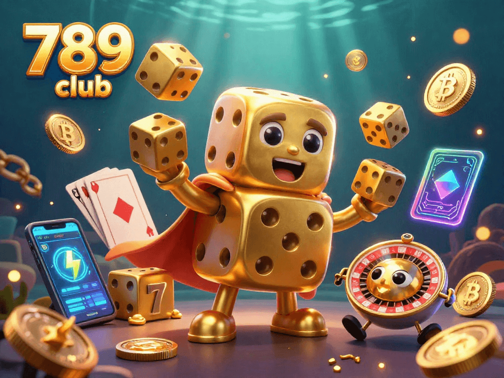 Experience the excitement of 789 club with a 3D cartoon dice golem juggling, showcasing casino games and crypto elements.