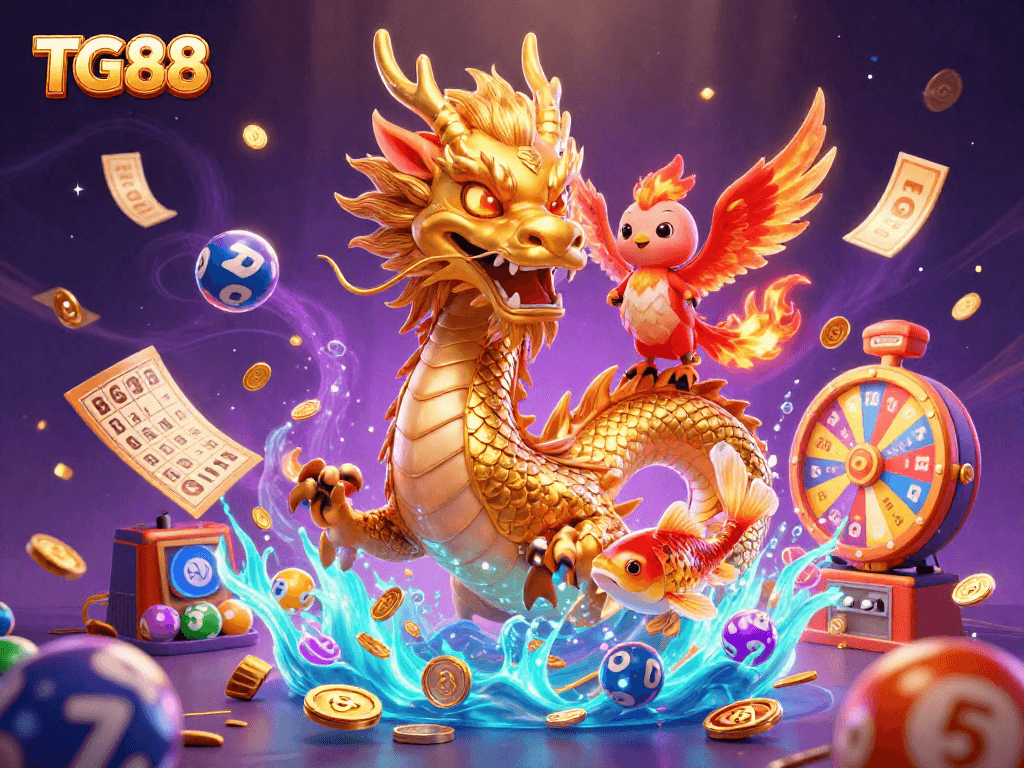Engage in thrilling luck at TG88 with animated characters surrounded by vibrant lottery elements.